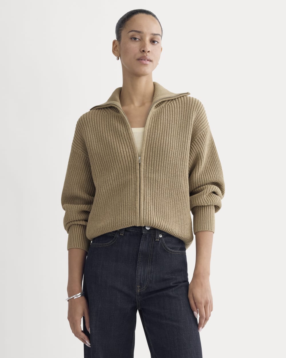 womens-full-zip-sweater-everyday-cotton-dark-heathered-camel | primary
