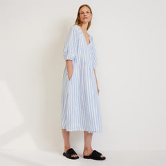 womens-linen-puff-sleeve-dress-blue-white | primary