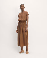 womens-viscose-gathered-midi-dress-carob-brown | primary