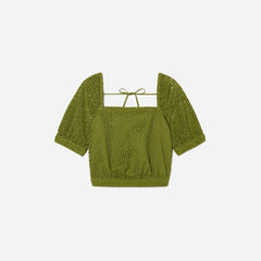 womens-eyelet-puff-sleeve-top-moss | alt