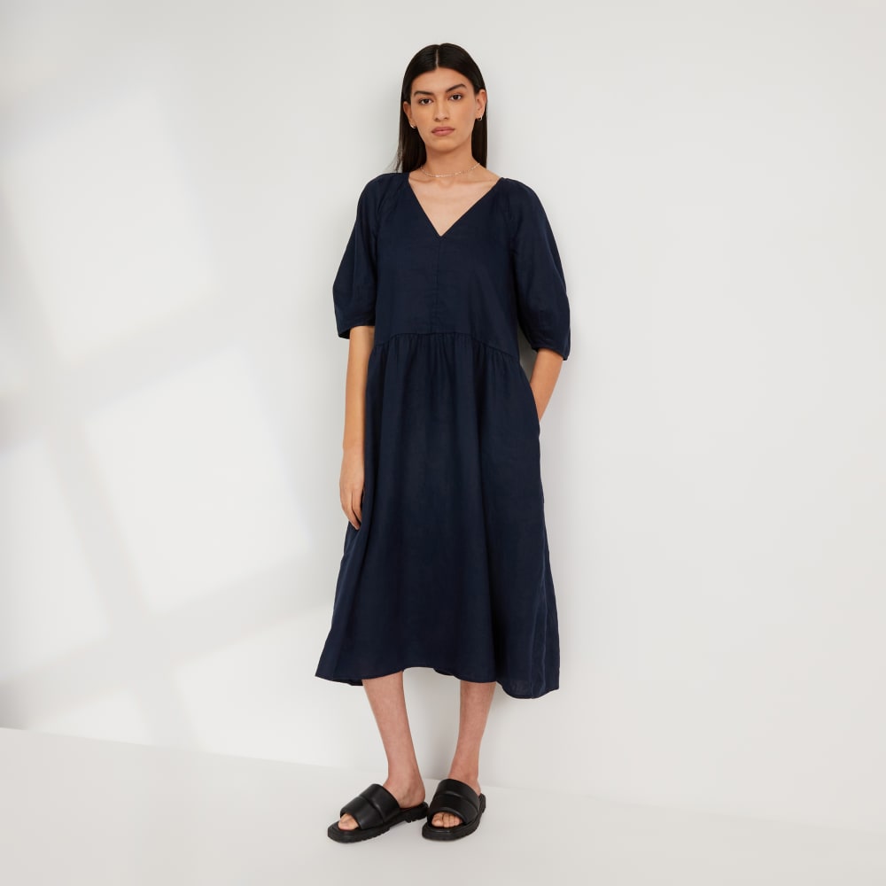 womens-linen-puff-sleeve-dress-navy | primary