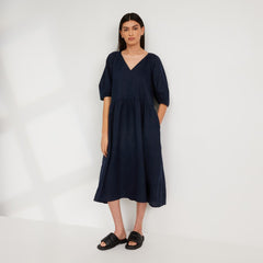 womens-linen-puff-sleeve-dress-navy | primary