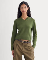 womens-cashmere-cropped-high-v-sweater-forest-green | primary