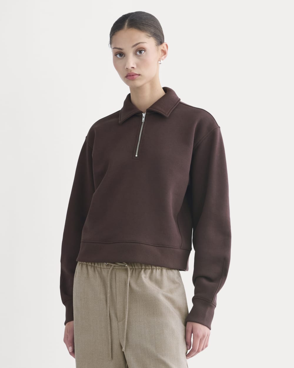 womens-luxe-fleece-zip-polo-dark-chocolate | primary
