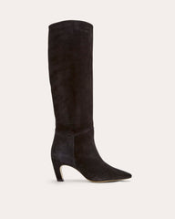 womens-knee-high-banana-heel-boot-black-suede | primary