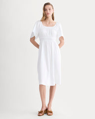 womens-flutter-sleeve-dress-stretch-linen-white | primary