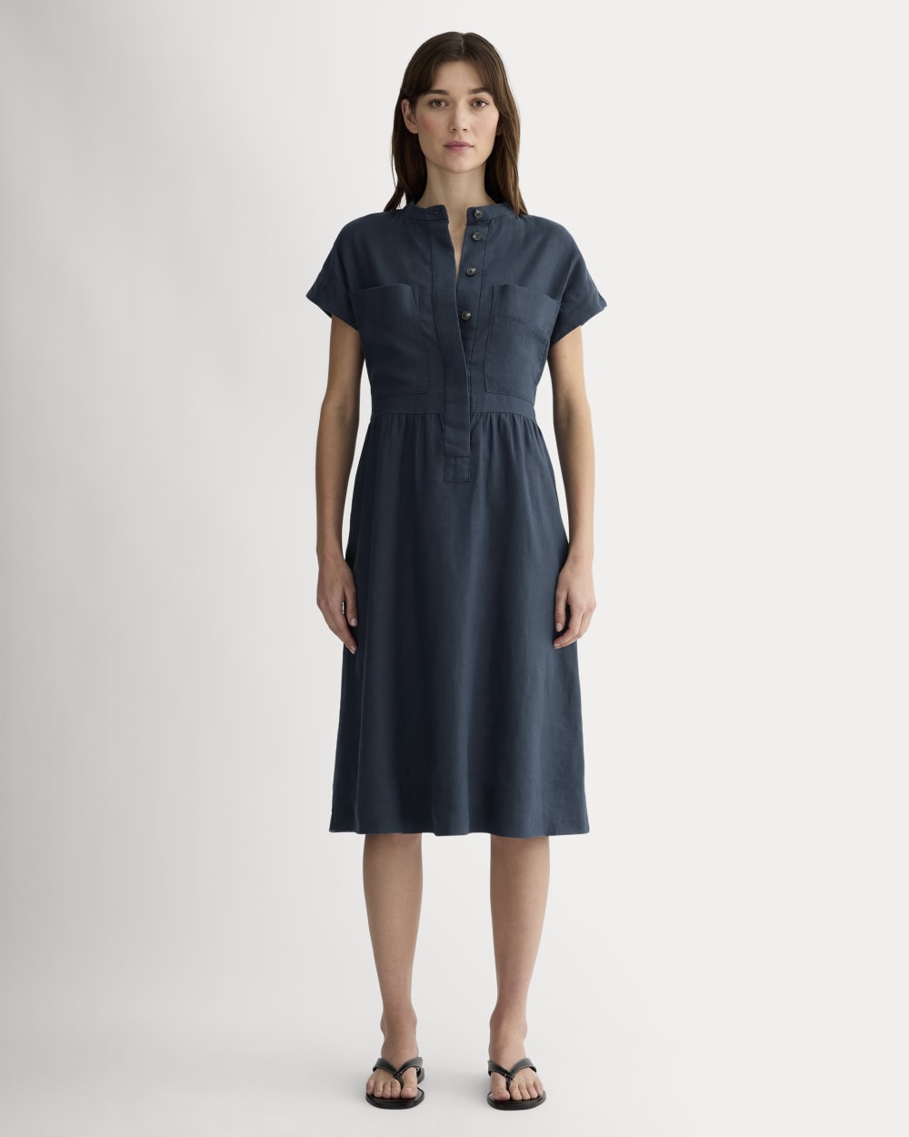 womens-linen-workwear-midi-dress-navy | primary