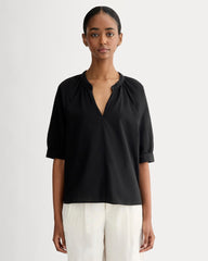 womens-gauze-gathered-top-black | primary