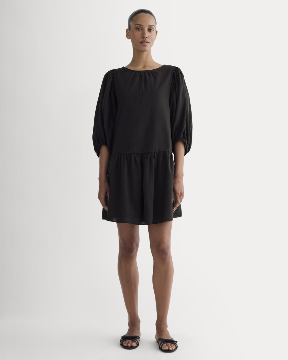 womens-gauze-puff-sleeve-mini-dress-black | primary
