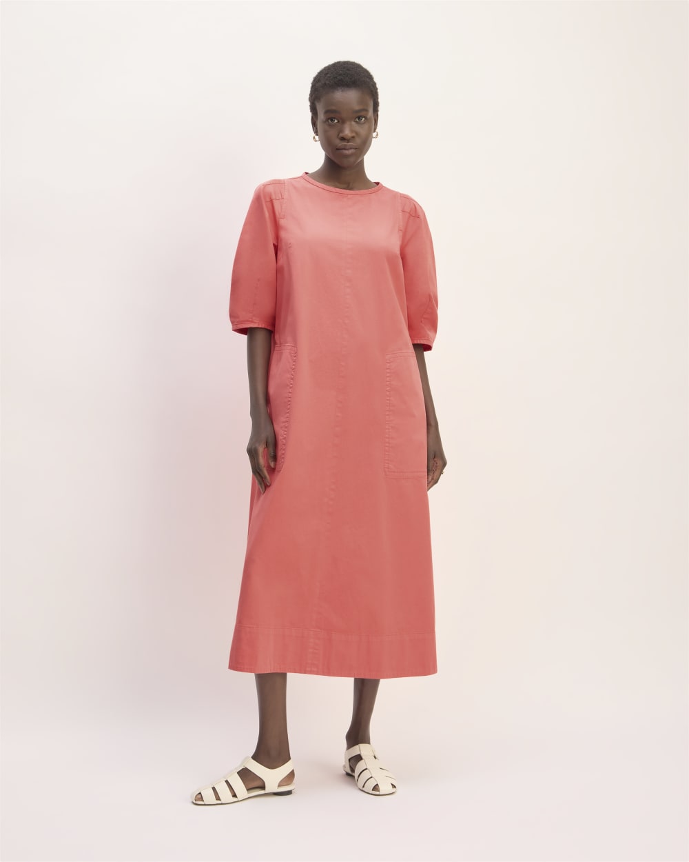 womens-short-sleeve-puff-midi-dress-coral | primary