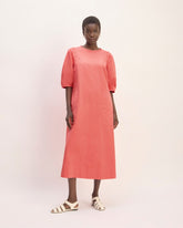 womens-short-sleeve-puff-midi-dress-coral | primary