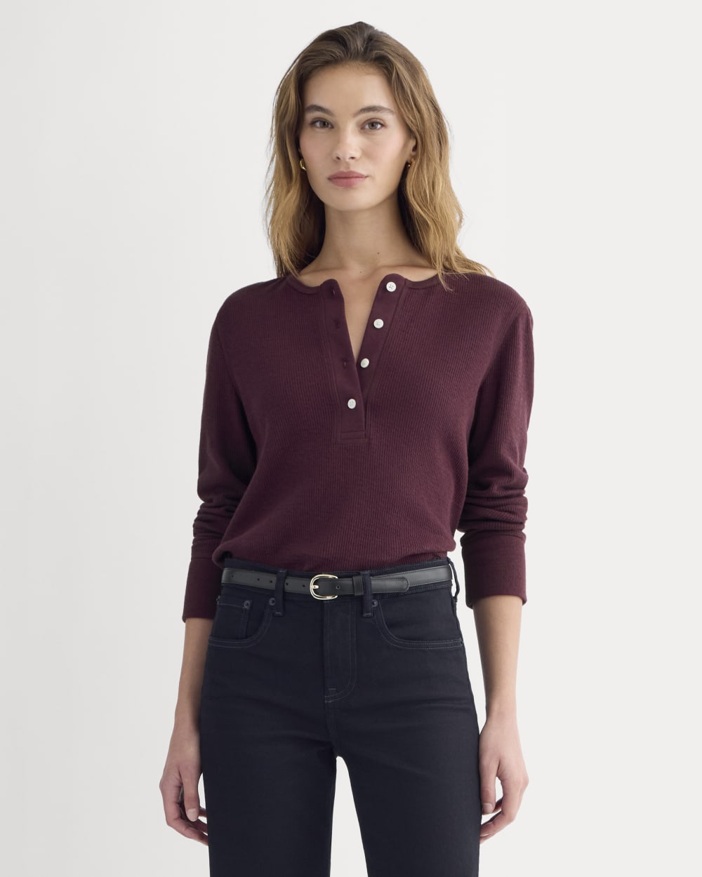 womens-boxy-henley-in-cozy-waffle-heathered-port-royale | primary