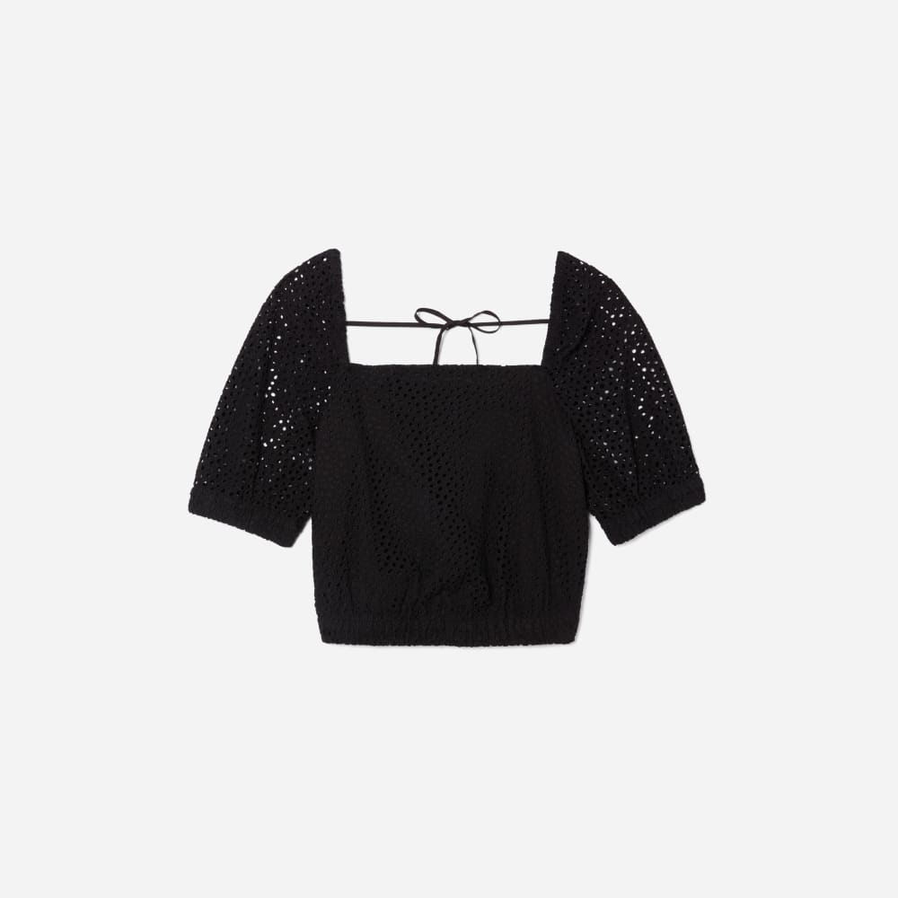 womens-eyelet-puff-sleeve-top-black | alt
