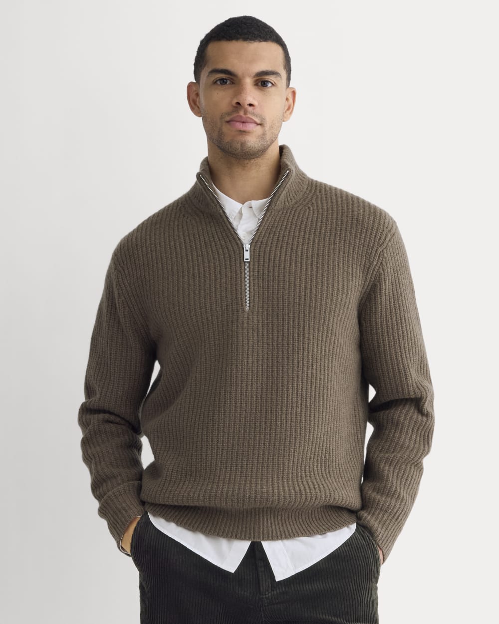 mens-felted-merino-half-zip-sweater-heather-chocolate-martini | primary