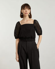 womens-eyelet-puff-sleeve-top-black | primary