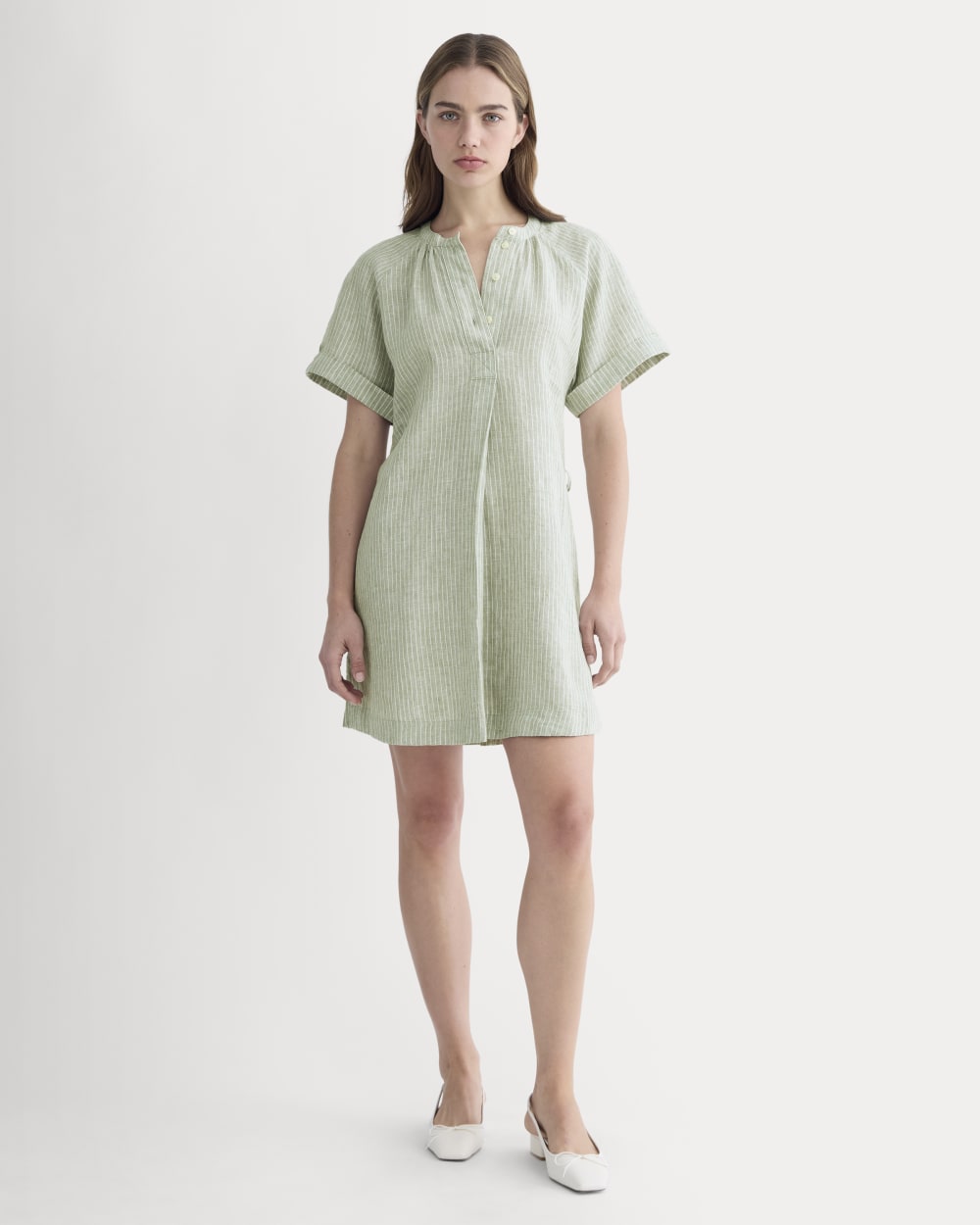 womens-popover-dress-in-linen-oil-green-white | primary