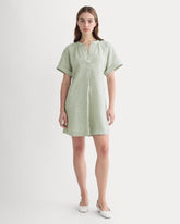 womens-popover-dress-in-linen-oil-green-white | primary