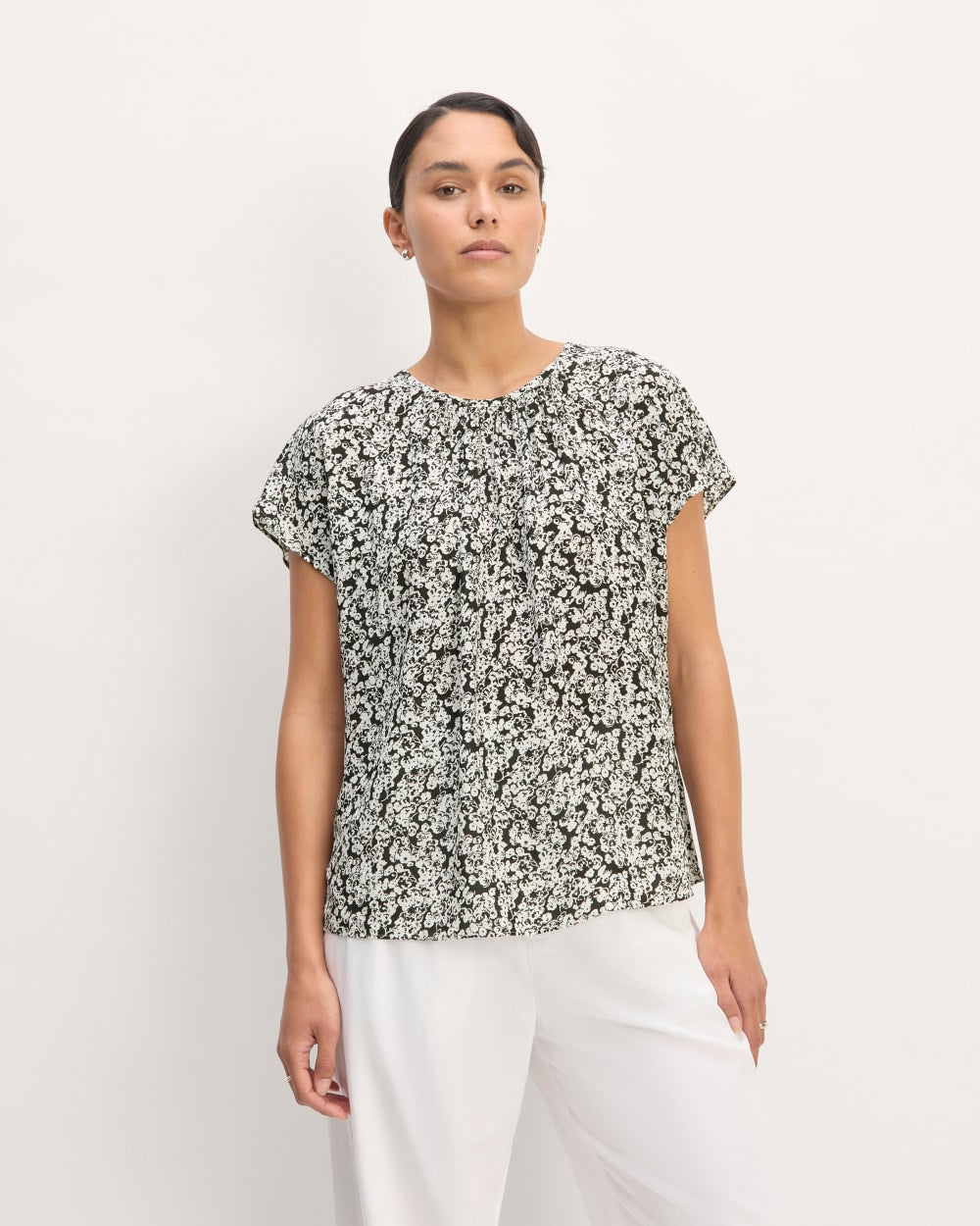 womens-viscose-gathered-neck-top-black-bone-mini-floral | primary
