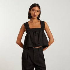 womens-smocked-linen-cami-black | primary