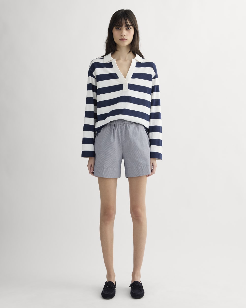 womens-easy-chino-long-short-dark-denim-pinstripe | primary