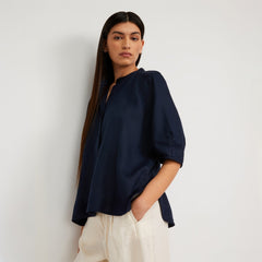 womens-linen-puff-sleeve-shirt-navy | primary