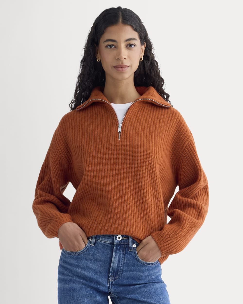 womens-half-zip-sweater-in-luxe-merino-rust-heather | primary