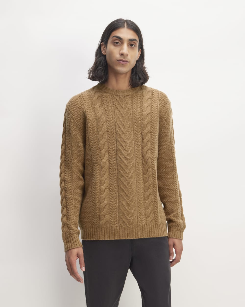 mens-felted-merino-cable-knit-crew-camel | primary