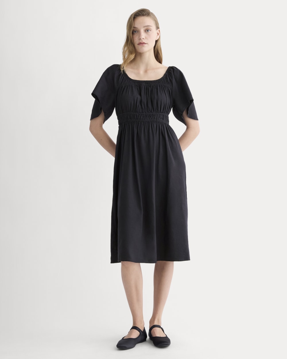 womens-flutter-sleeve-dress-stretch-linen-black | primary