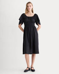 womens-flutter-sleeve-dress-stretch-linen-black | primary