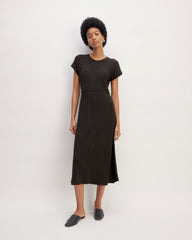 womens-rib-knit-cap-sleeve-midi-dress-black | primary