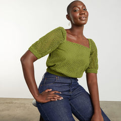 womens-eyelet-puff-sleeve-top-moss | primary