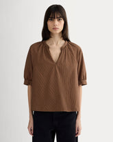 womens-gauze-gathered-top-carob-brown-black | primary