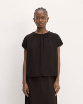 womens-viscose-gathered-neck-top-black | primary