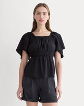 womens-flutter-sleeve-top-stretch-linen-black | primary