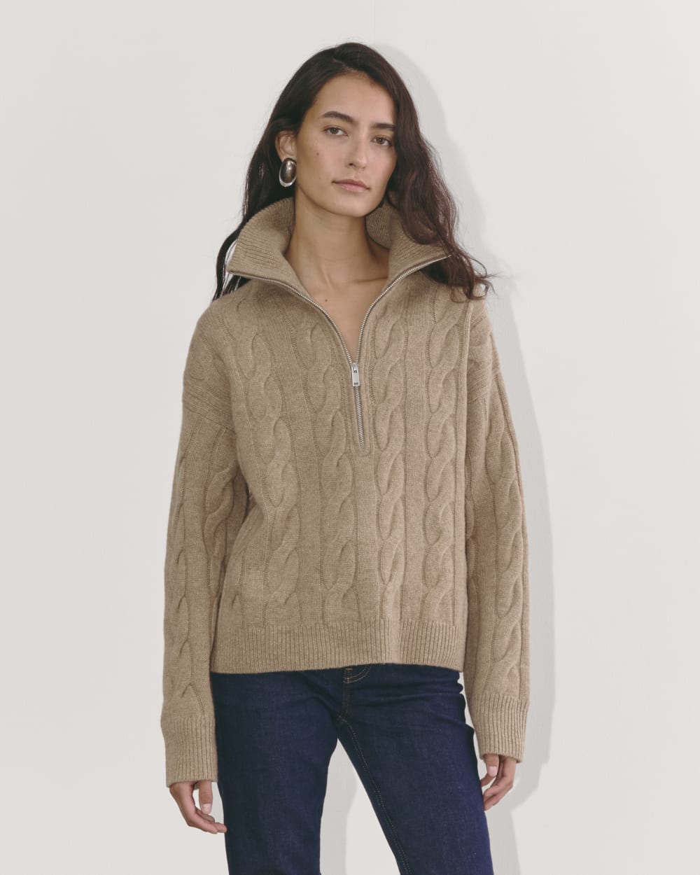 womens-felted-merino-cable-half-zip-oat-melange | primary