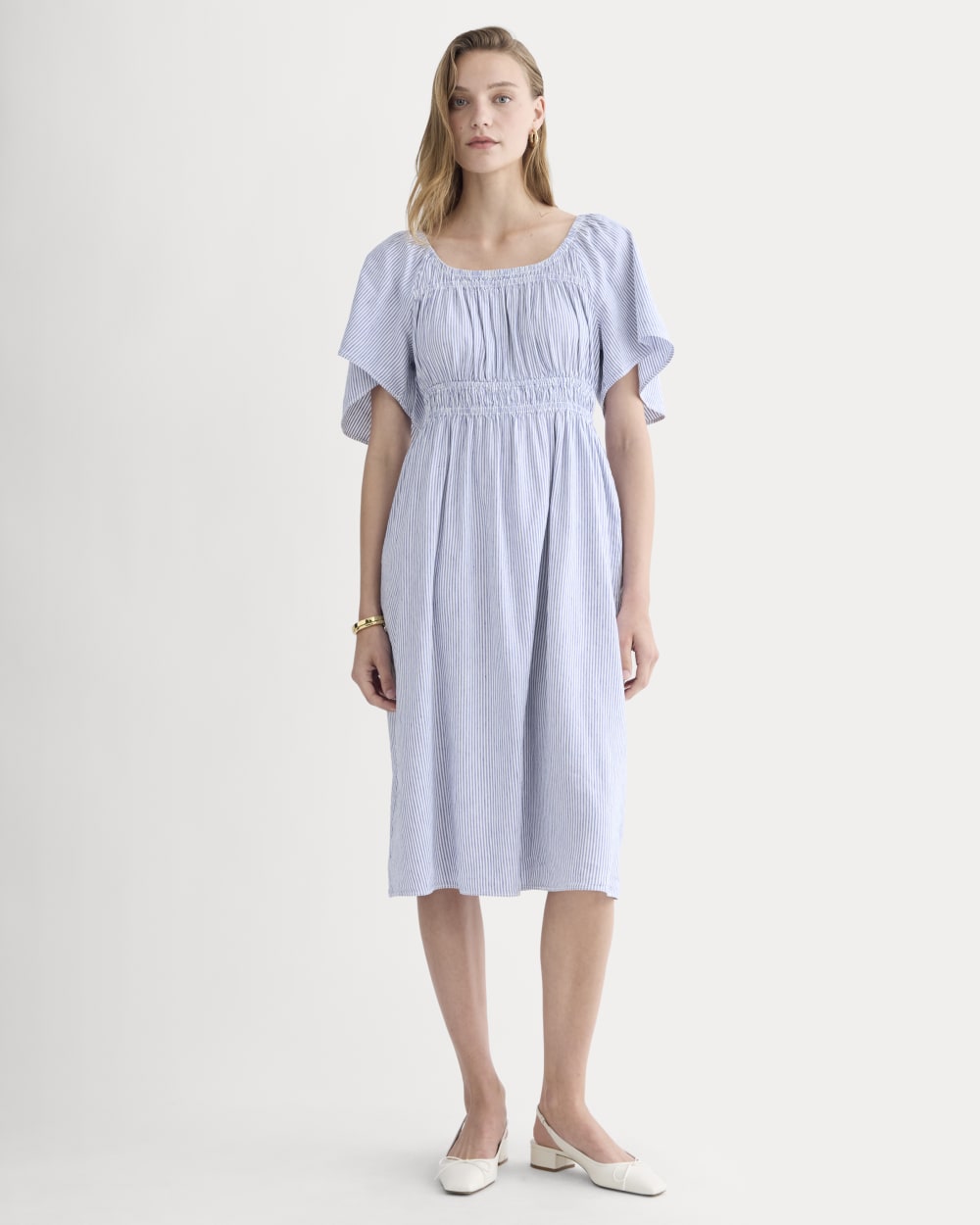 womens-flutter-sleeve-dress-stretch-linen-white-dutch-blue | primary