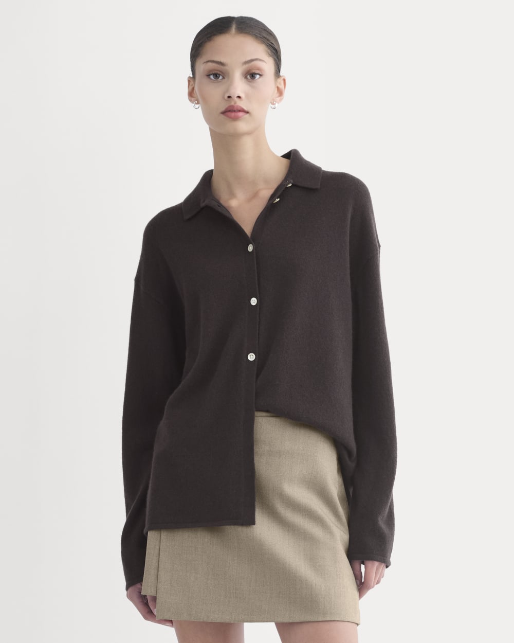 womens-cashmere-button-up-shirt-dark-chocolate | primary