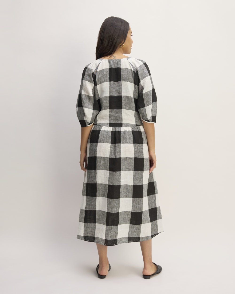 womens-linen-oversized-puff-sleeve-dress-bone-black-check