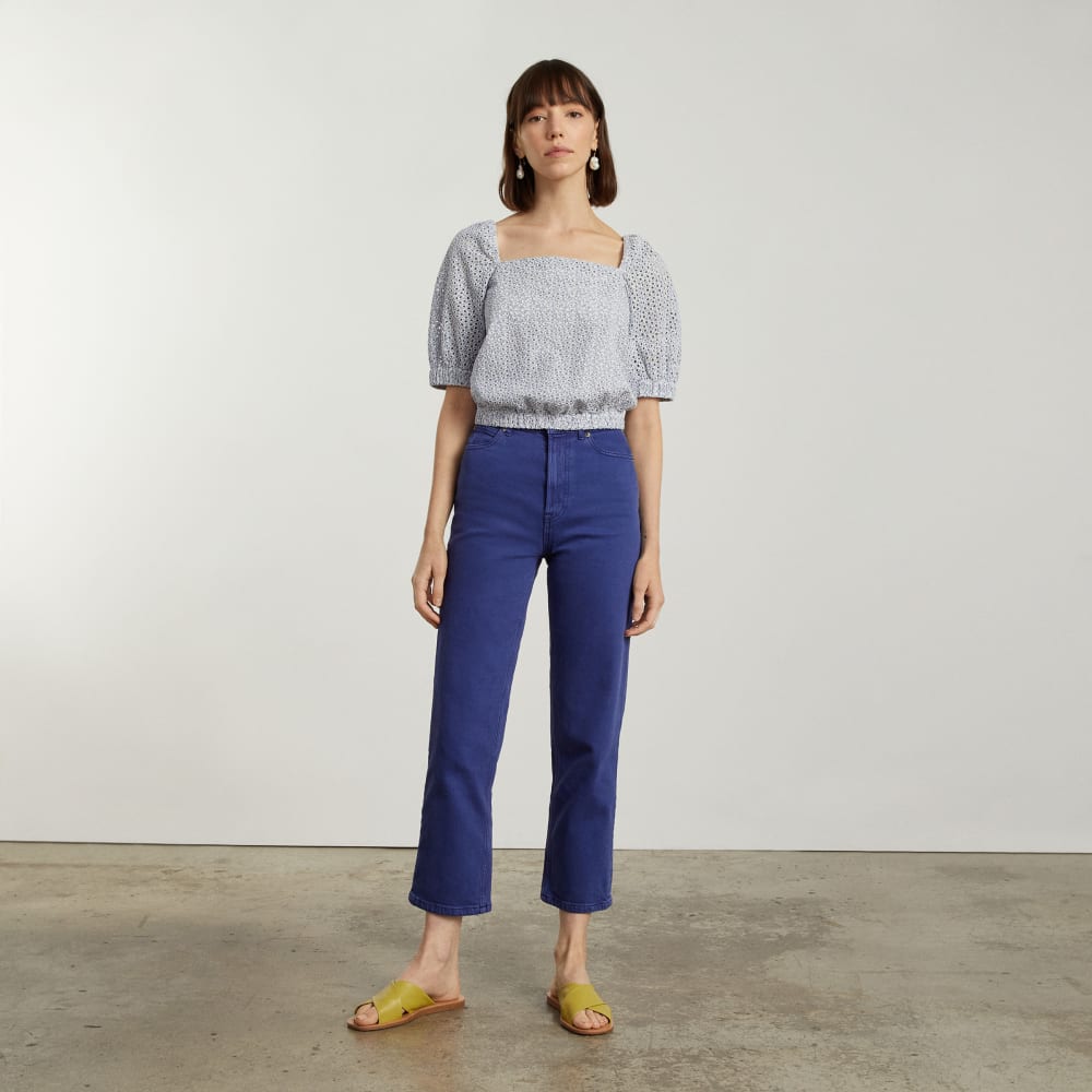 womens-eyelet-puff-sleeve-top-blue-stripe