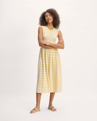 womens-viscose-knit-pleated-dress-bone-parsnip-gingham | primary
