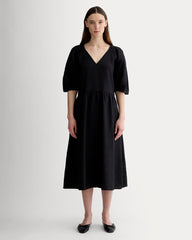 womens-linen-oversized-puff-sleeve-dress-black | primary