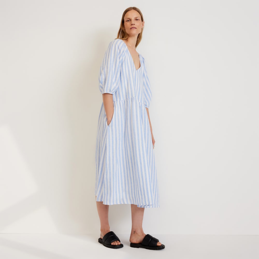 womens-linen-puff-sleeve-dress-blue-white | primary