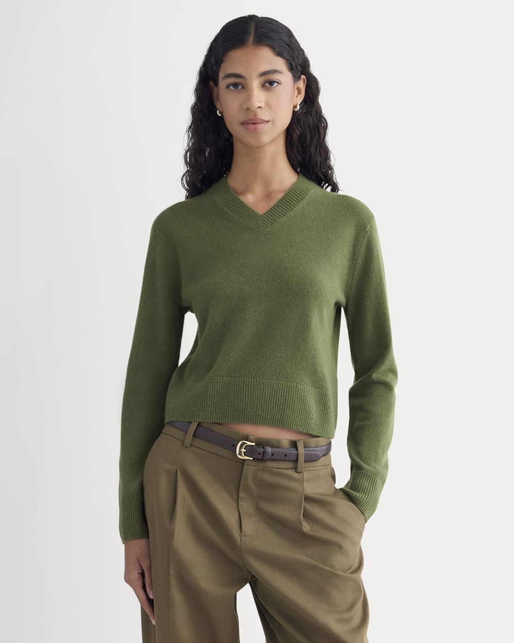 womens-cashmere-cropped-high-v-sweater-forest-green | primary