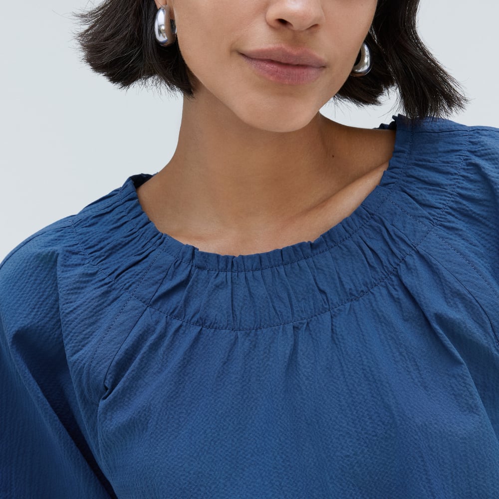 womens-seersucker-gathered-tee-deep-blue
