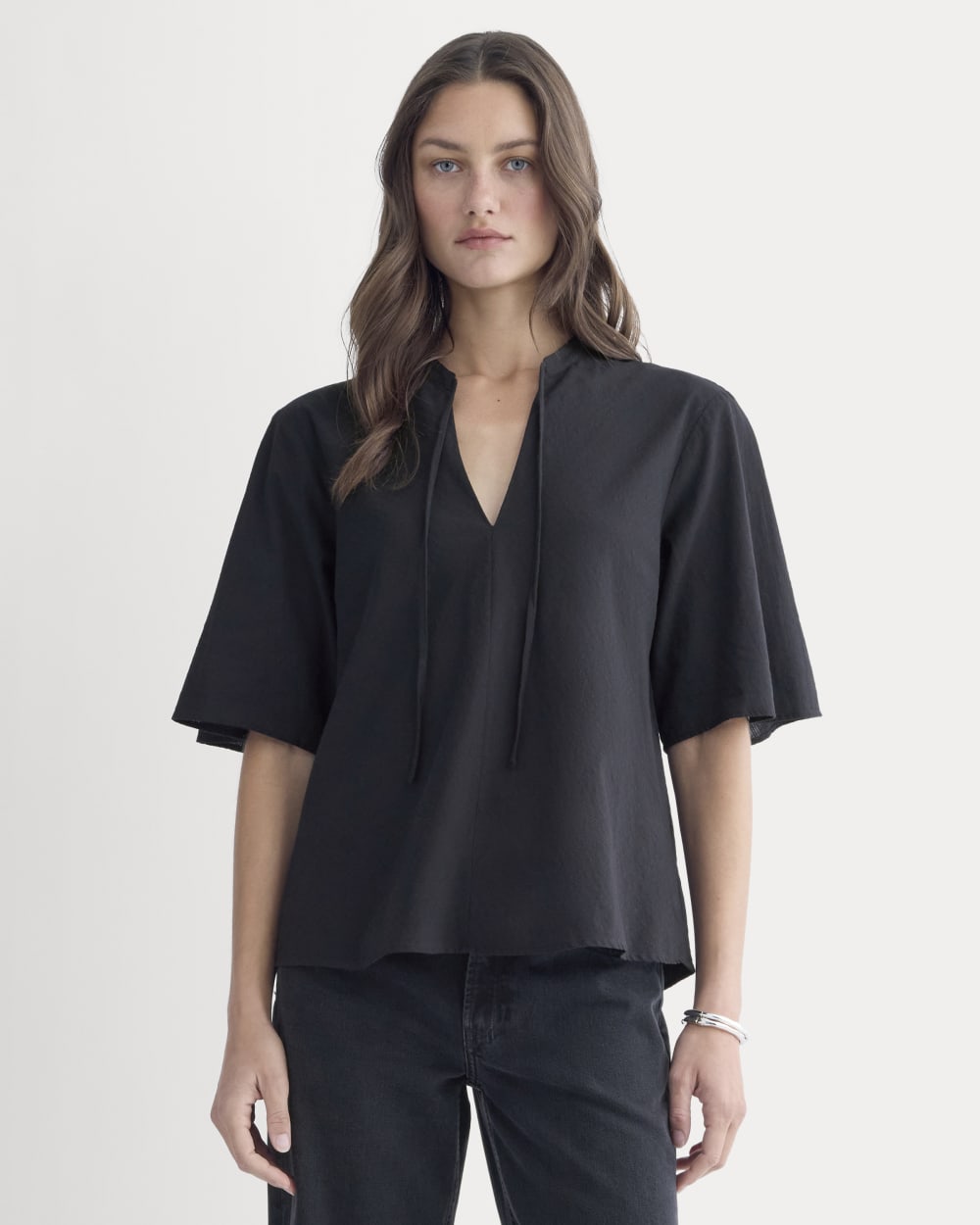womens-gauze-tie-front-shirt-black | primary