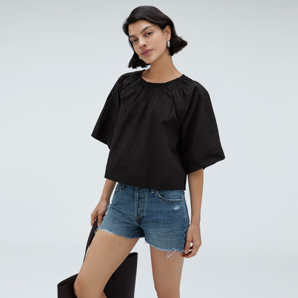 womens-seersucker-gathered-tee-black