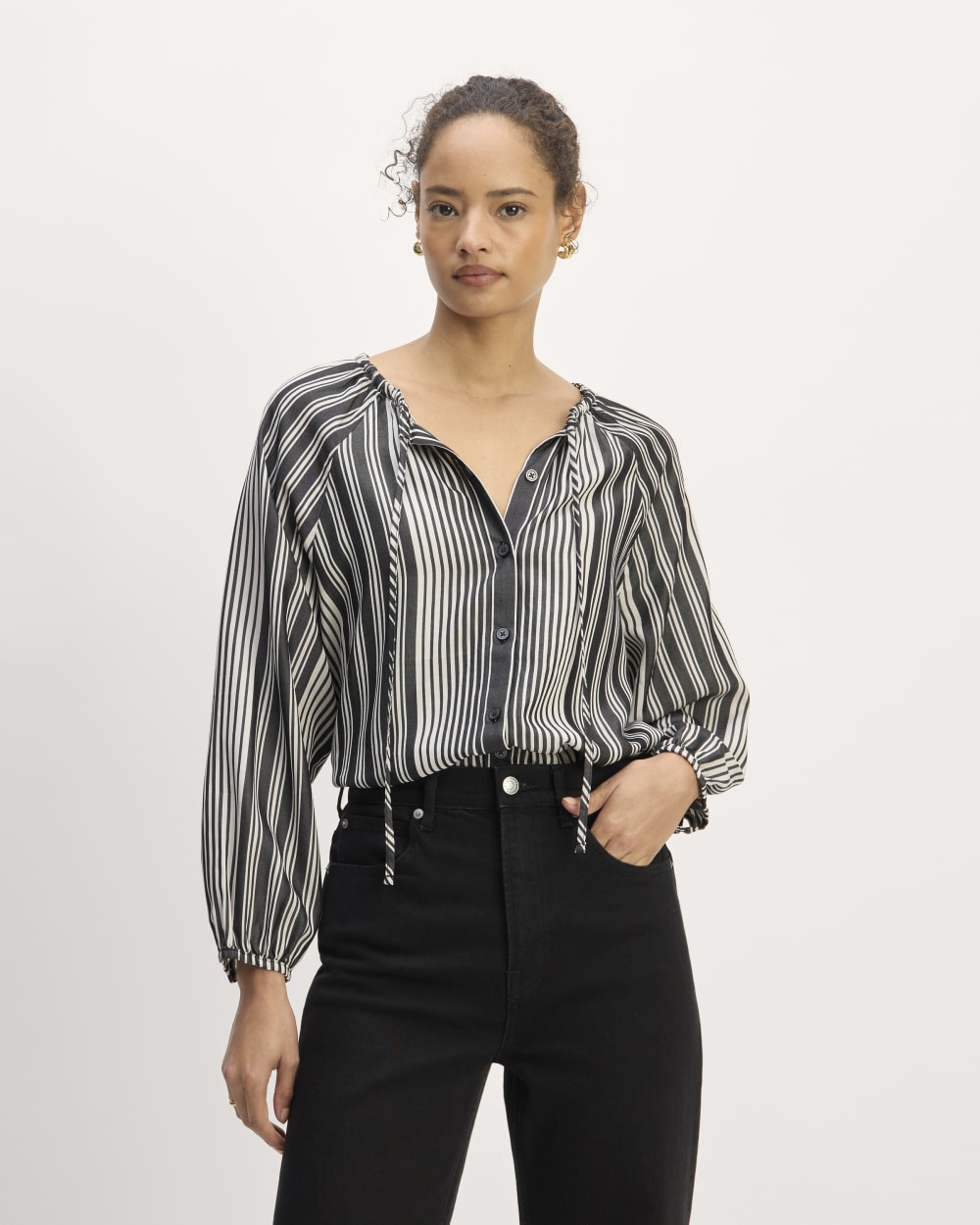 womens-tencel-gathered-shirt-black-bone | primary