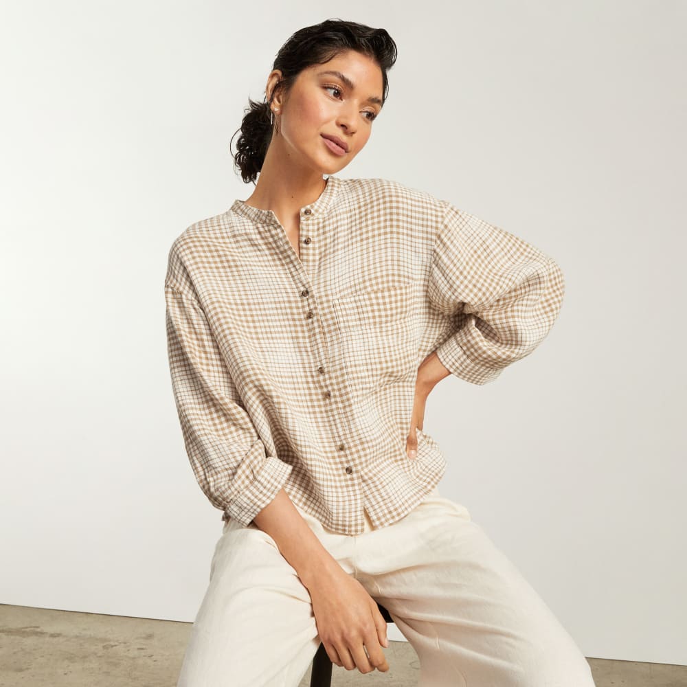 womens-linen-billow-blouse-coffee-grid