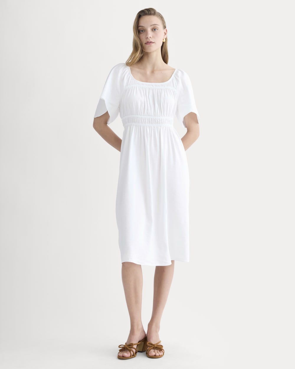 womens-flutter-sleeve-dress-stretch-linen-white | primary