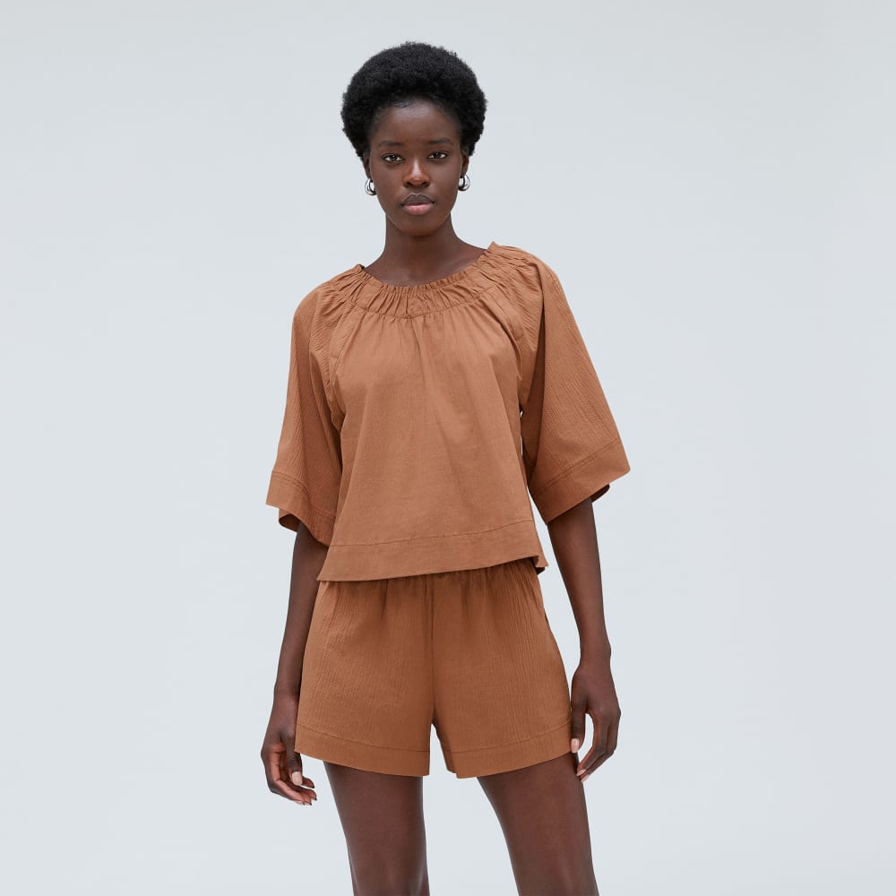 womens-seersucker-gathered-tee-tawny-brown | primary